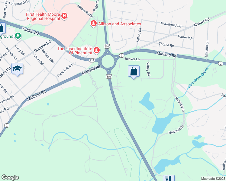 map of restaurants, bars, coffee shops, grocery stores, and more near 9265 U.S. 15 in Pinehurst