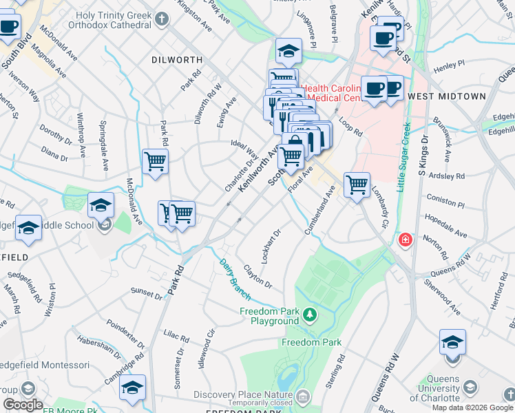 map of restaurants, bars, coffee shops, grocery stores, and more near 2104 Scott Avenue in Charlotte