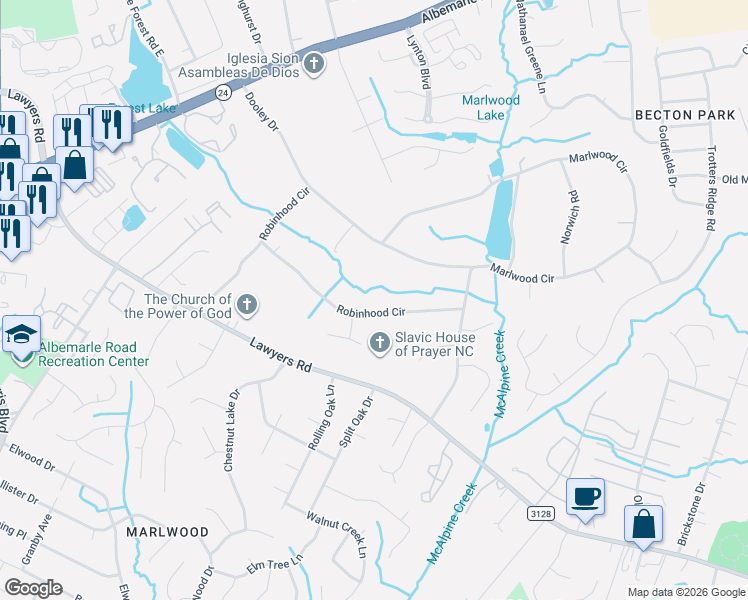 map of restaurants, bars, coffee shops, grocery stores, and more near 1209 Robinhood Circle in Charlotte
