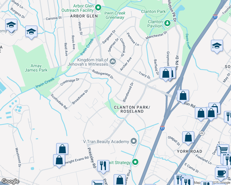 map of restaurants, bars, coffee shops, grocery stores, and more near 3812 Manchester Drive in Charlotte