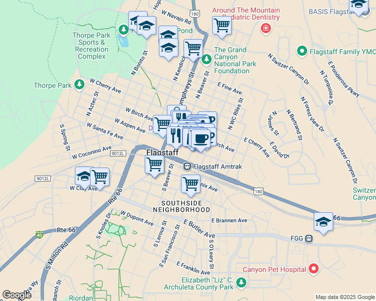 map of restaurants, bars, coffee shops, grocery stores, and more near 23 North Leroux Street in Flagstaff