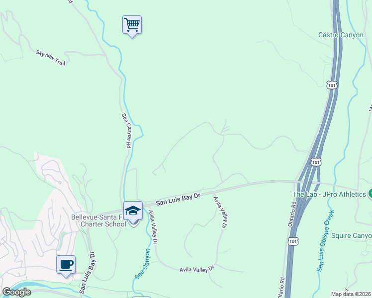 map of restaurants, bars, coffee shops, grocery stores, and more near 1175 Bassi Drive in San Luis Obispo
