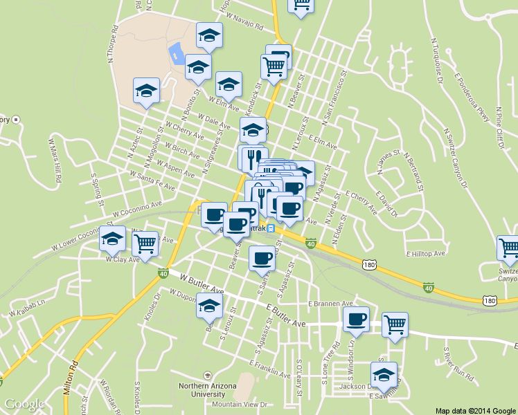 map of restaurants, bars, coffee shops, grocery stores, and more near 15 West Aspen Avenue in Flagstaff