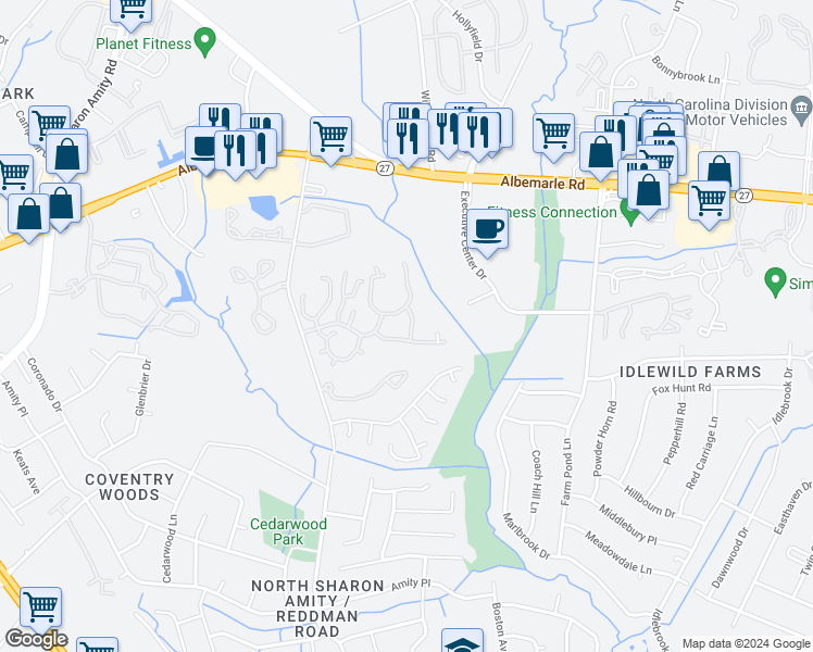 map of restaurants, bars, coffee shops, grocery stores, and more near 6141 Balsam Fir Drive in Charlotte