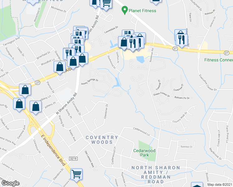 map of restaurants, bars, coffee shops, grocery stores, and more near 5922 Amity Springs Drive in Charlotte