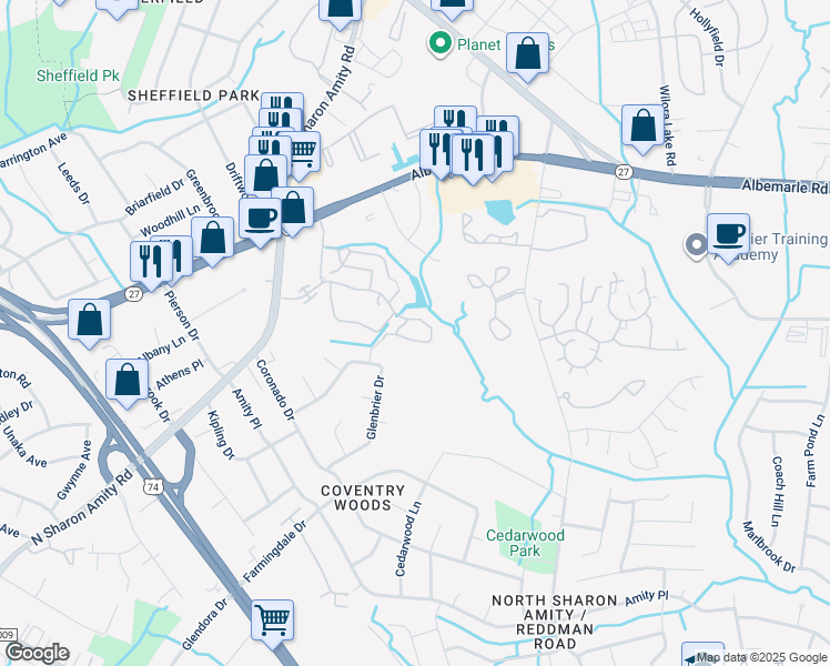 map of restaurants, bars, coffee shops, grocery stores, and more near 5949 Amity Springs Drive in Charlotte