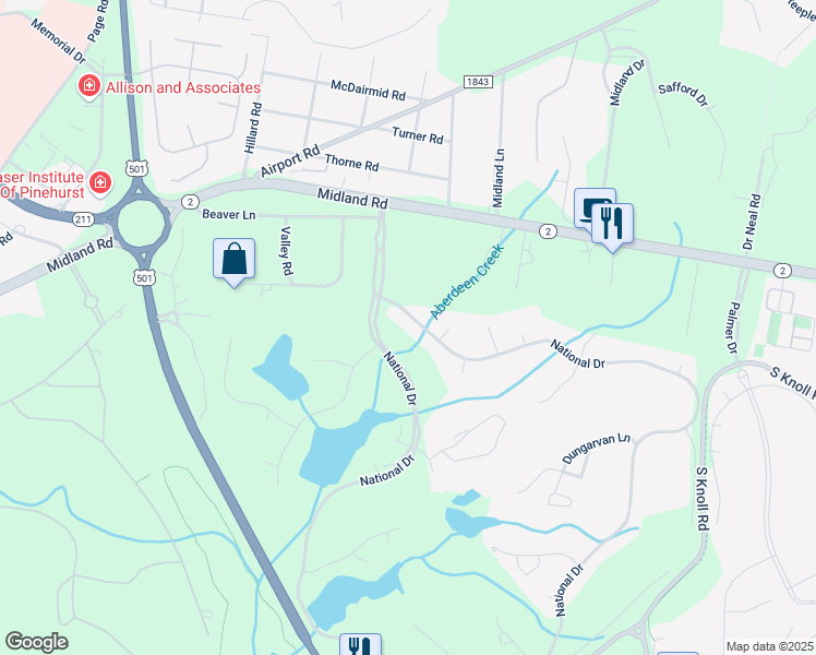 map of restaurants, bars, coffee shops, grocery stores, and more near 255 National Drive in Pinehurst