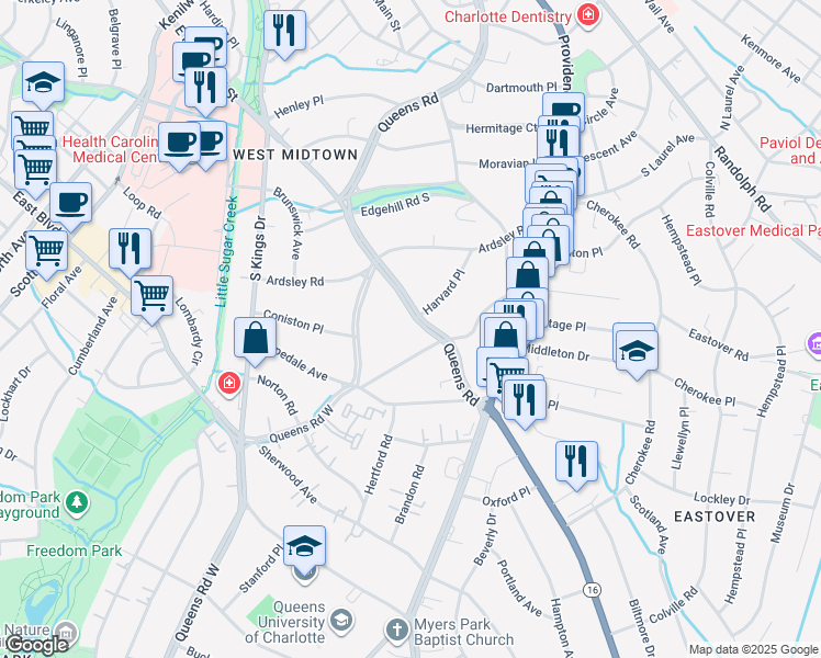 map of restaurants, bars, coffee shops, grocery stores, and more near 1198 Queens Road in Charlotte