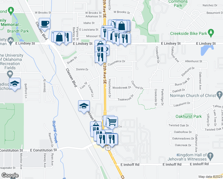 map of restaurants, bars, coffee shops, grocery stores, and more near 1701 Hazelwood Drive in Norman