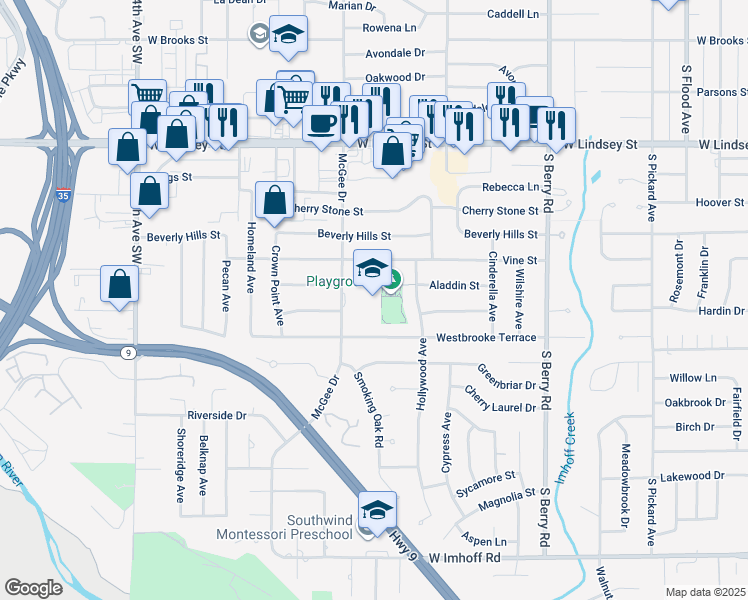 map of restaurants, bars, coffee shops, grocery stores, and more near 1601 McGee Drive in Norman