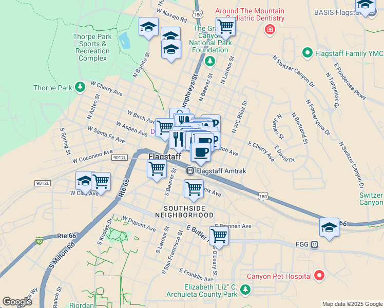 map of restaurants, bars, coffee shops, grocery stores, and more near 23 North Leroux Street in Flagstaff