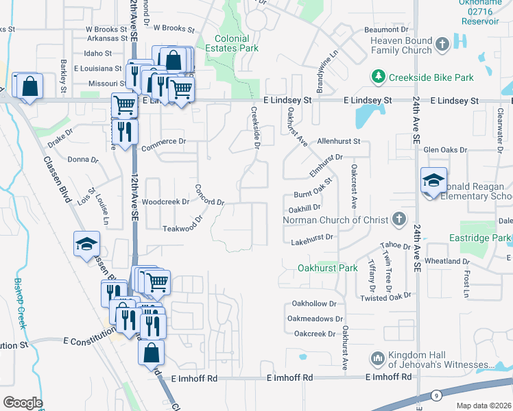 map of restaurants, bars, coffee shops, grocery stores, and more near 1712 Windchime Drive in Norman
