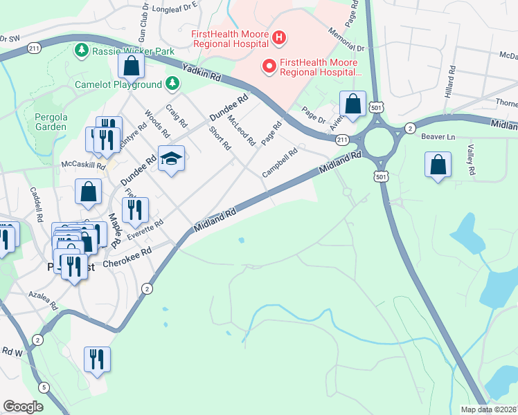 map of restaurants, bars, coffee shops, grocery stores, and more near 195 Midland Road in Pinehurst