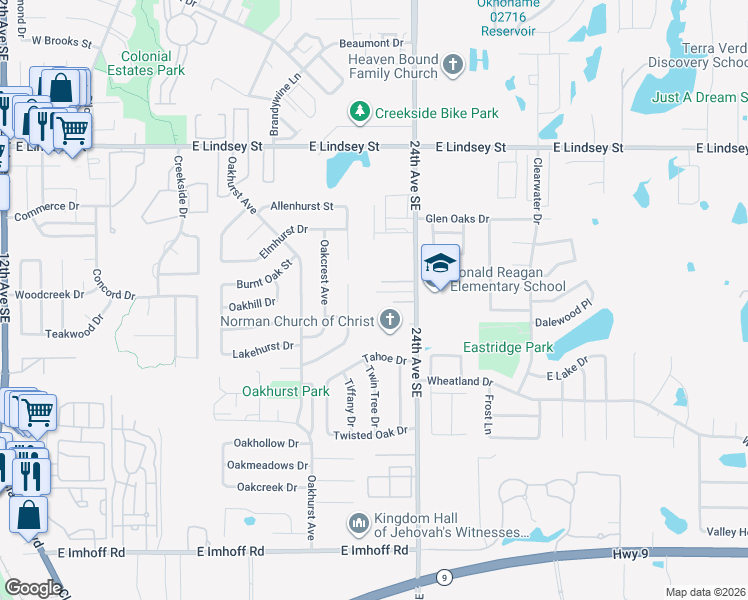 map of restaurants, bars, coffee shops, grocery stores, and more near 1609 Rolling Stone Drive in Norman
