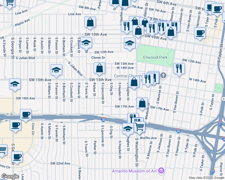 map of restaurants, bars, coffee shops, grocery stores, and more near 1506 South Hayden Street in Amarillo