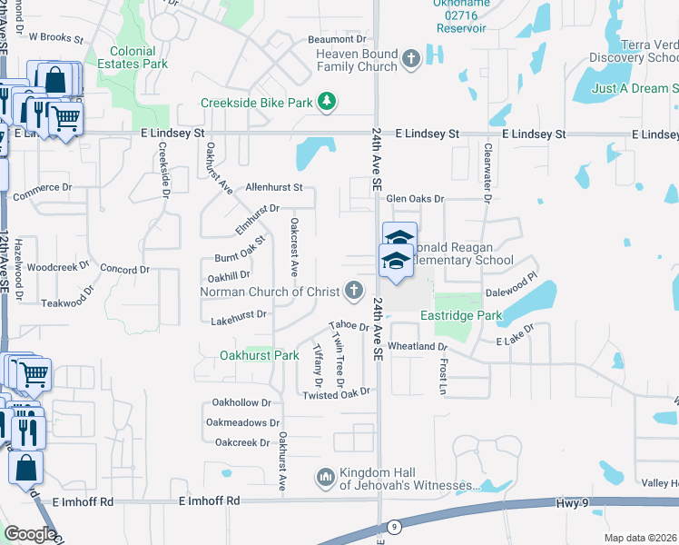 map of restaurants, bars, coffee shops, grocery stores, and more near 2353 Heatherfield Lane in Norman