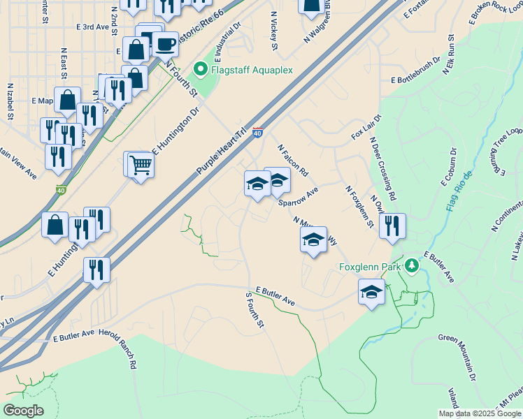 map of restaurants, bars, coffee shops, grocery stores, and more near 3285 Sparrow Avenue in Flagstaff