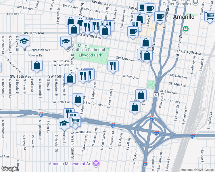 map of restaurants, bars, coffee shops, grocery stores, and more near 601-699 Southwest 15th Avenue in Amarillo