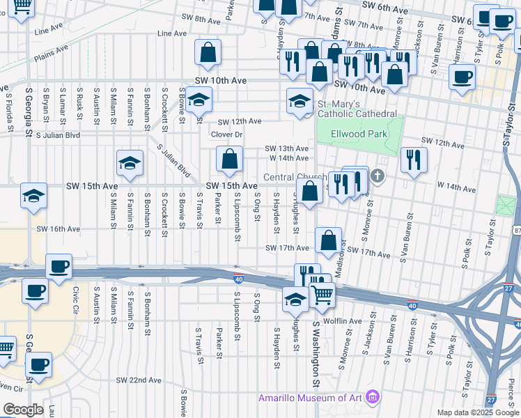 map of restaurants, bars, coffee shops, grocery stores, and more near 1506 South Hayden Street in Amarillo