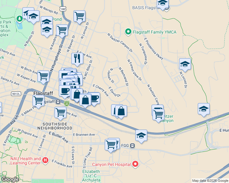 map of restaurants, bars, coffee shops, grocery stores, and more near 428 East David Drive in Flagstaff