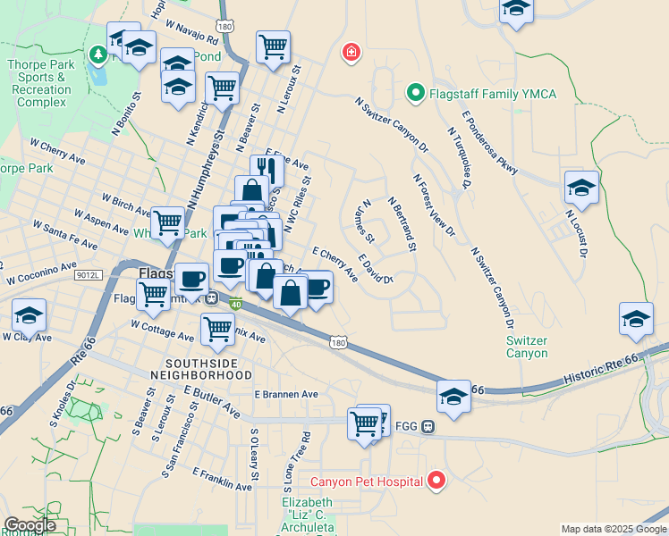 map of restaurants, bars, coffee shops, grocery stores, and more near 224 North Elden Street in Flagstaff