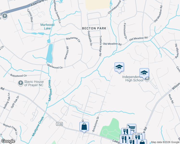 map of restaurants, bars, coffee shops, grocery stores, and more near 6006 Trotters Ridge Road in Charlotte