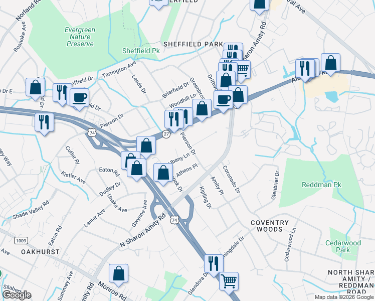 map of restaurants, bars, coffee shops, grocery stores, and more near 1535 Pierson Drive in Charlotte