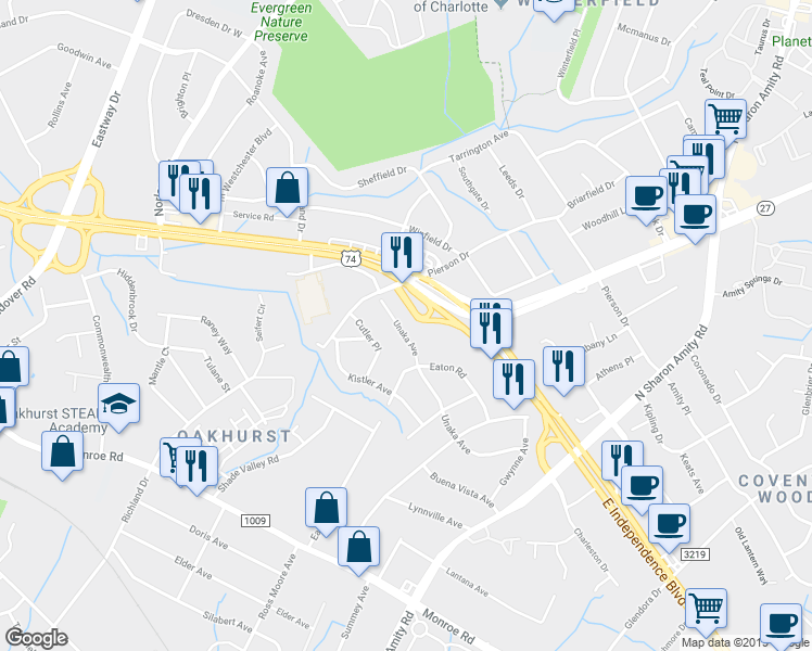 map of restaurants, bars, coffee shops, grocery stores, and more near 4917 Unaka Avenue in Charlotte