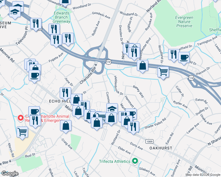 map of restaurants, bars, coffee shops, grocery stores, and more near 4100 Hiddenbrook Drive in Charlotte