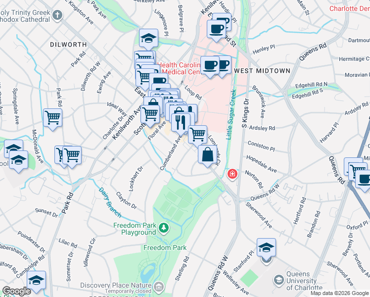 map of restaurants, bars, coffee shops, grocery stores, and more near in Charlotte