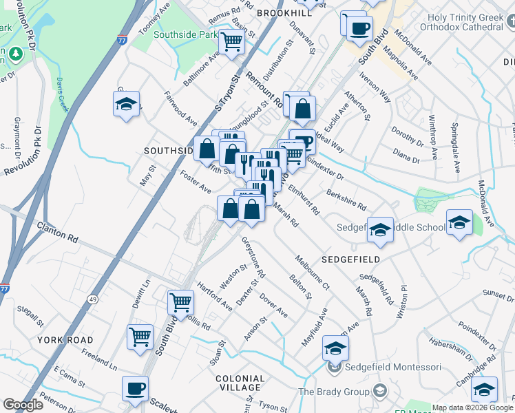 map of restaurants, bars, coffee shops, grocery stores, and more near 155 New Bern Street in Charlotte