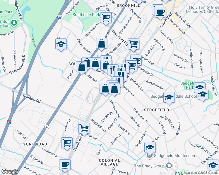 map of restaurants, bars, coffee shops, grocery stores, and more near 324 New Bern Station Court in Charlotte