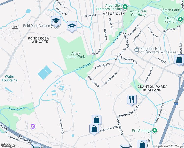 map of restaurants, bars, coffee shops, grocery stores, and more near 4017 Whitehurst Road in Charlotte