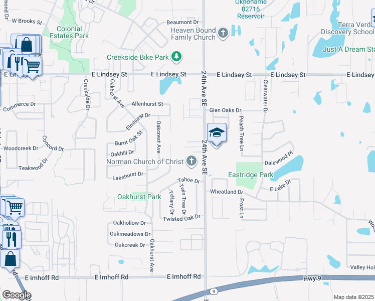 map of restaurants, bars, coffee shops, grocery stores, and more near 2353 Heatherfield Lane in Norman