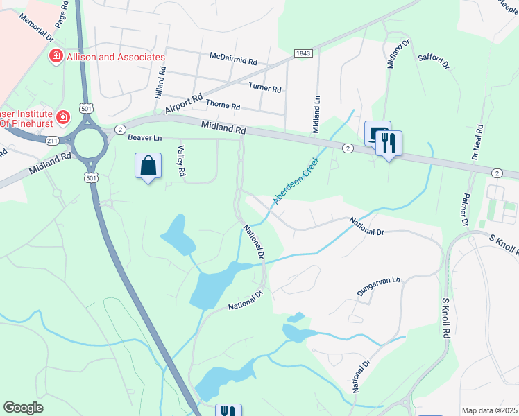map of restaurants, bars, coffee shops, grocery stores, and more near 255 National Drive in Pinehurst