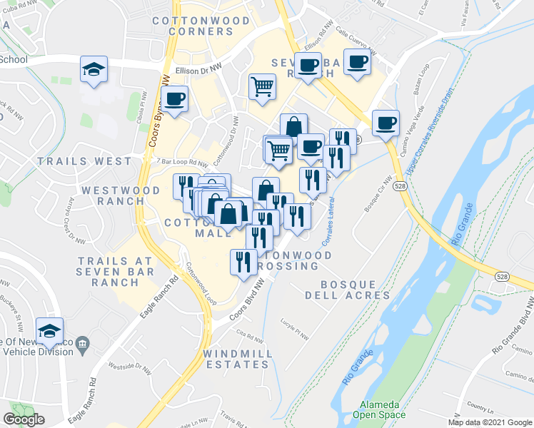 map of restaurants, bars, coffee shops, grocery stores, and more near 10129 Coors Boulevard Northwest in Albuquerque