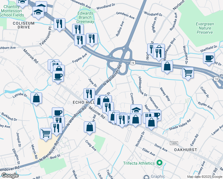 map of restaurants, bars, coffee shops, grocery stores, and more near 809 Crater Street in Charlotte