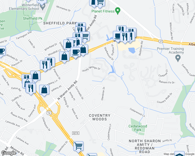 map of restaurants, bars, coffee shops, grocery stores, and more near 2816 Iron Gate Lane in Charlotte