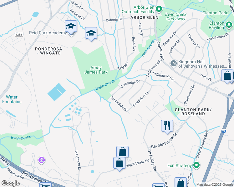map of restaurants, bars, coffee shops, grocery stores, and more near 4017 Whitehurst Road in Charlotte