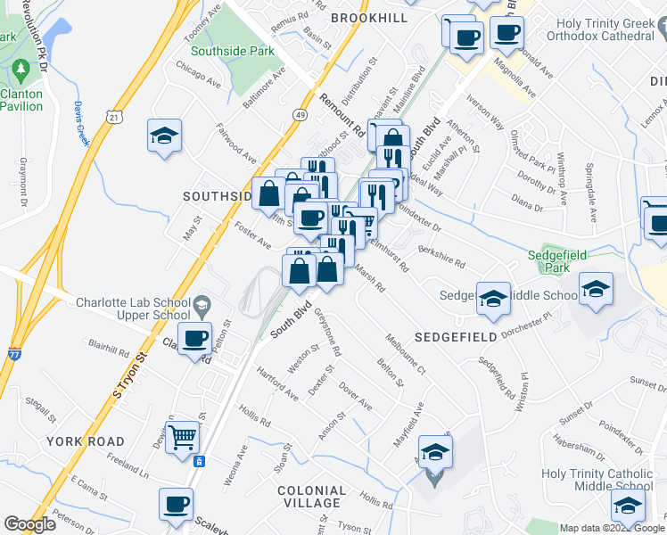 map of restaurants, bars, coffee shops, grocery stores, and more near 155 New Bern Street in Charlotte