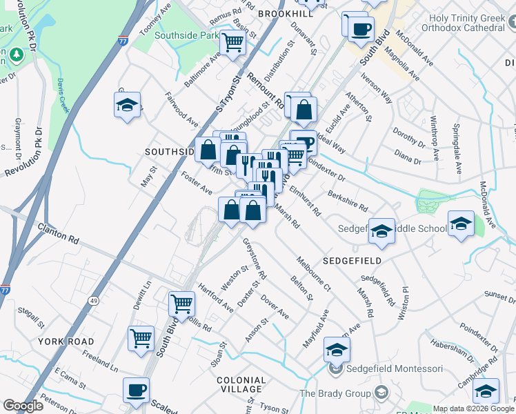 map of restaurants, bars, coffee shops, grocery stores, and more near 155 New Bern Street in Charlotte