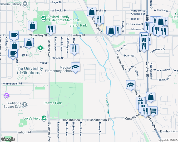 map of restaurants, bars, coffee shops, grocery stores, and more near 511 Manor Drive in Norman