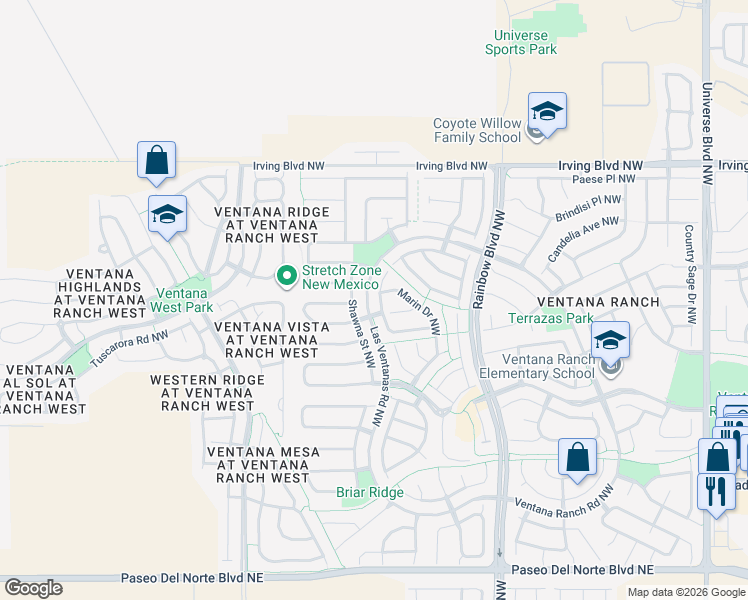 map of restaurants, bars, coffee shops, grocery stores, and more near 10344 Marin Drive Northwest in Albuquerque