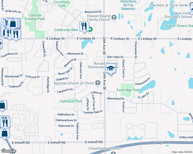 map of restaurants, bars, coffee shops, grocery stores, and more near 2353 Heatherfield Lane in Norman
