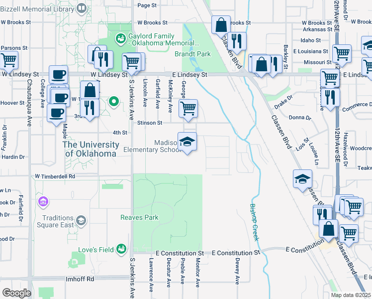 map of restaurants, bars, coffee shops, grocery stores, and more near 500 James Drive in Norman