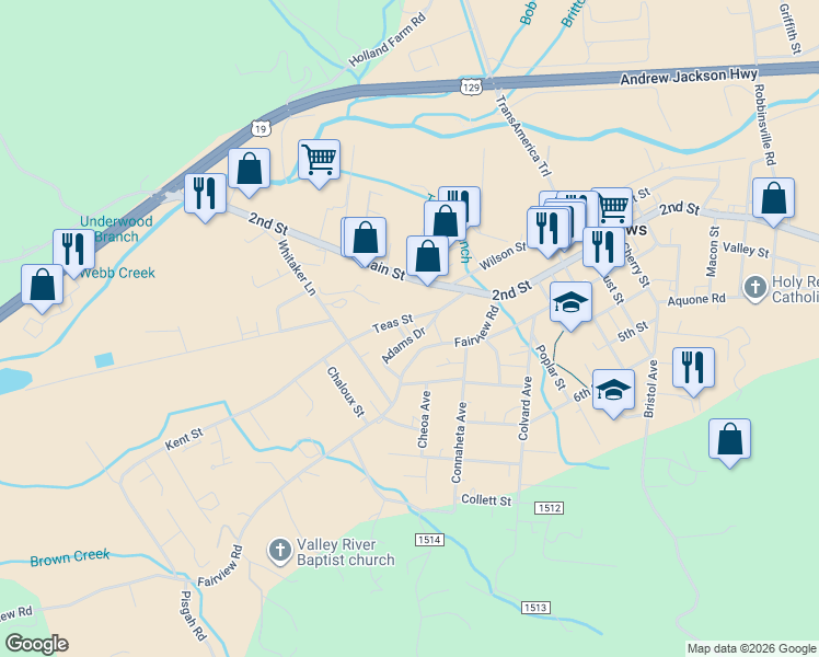 map of restaurants, bars, coffee shops, grocery stores, and more near 175 Teas Street in Andrews