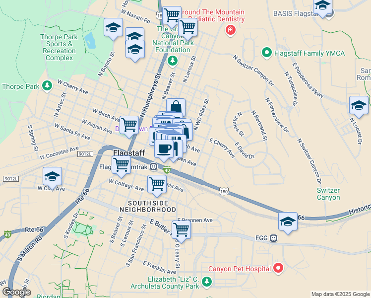 map of restaurants, bars, coffee shops, grocery stores, and more near 211 North WC Riles Street in Flagstaff