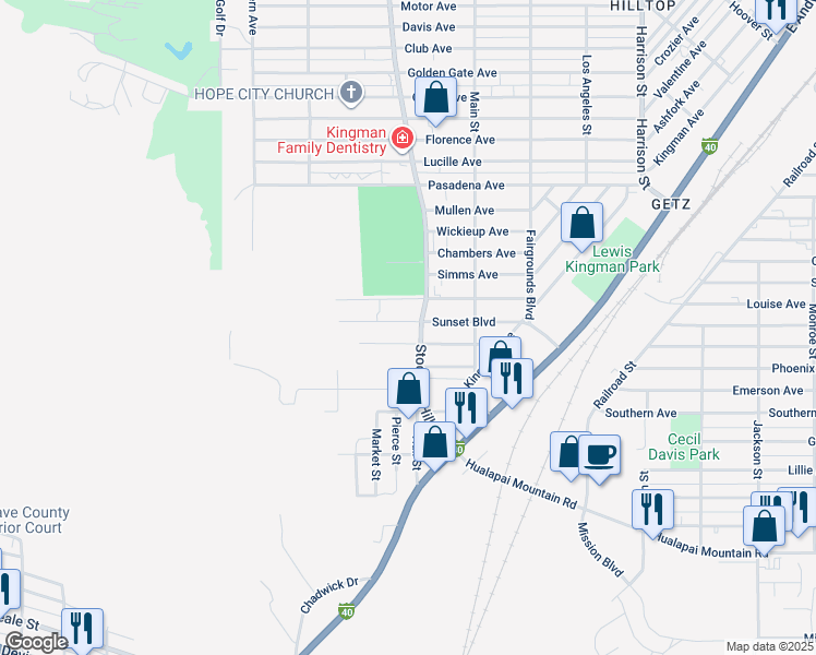 map of restaurants, bars, coffee shops, grocery stores, and more near 1812 Sunset Boulevard in Kingman