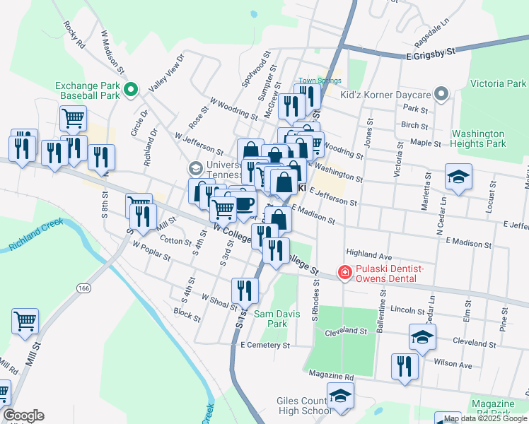 map of restaurants, bars, coffee shops, grocery stores, and more near 122 South 2nd Street in Pulaski