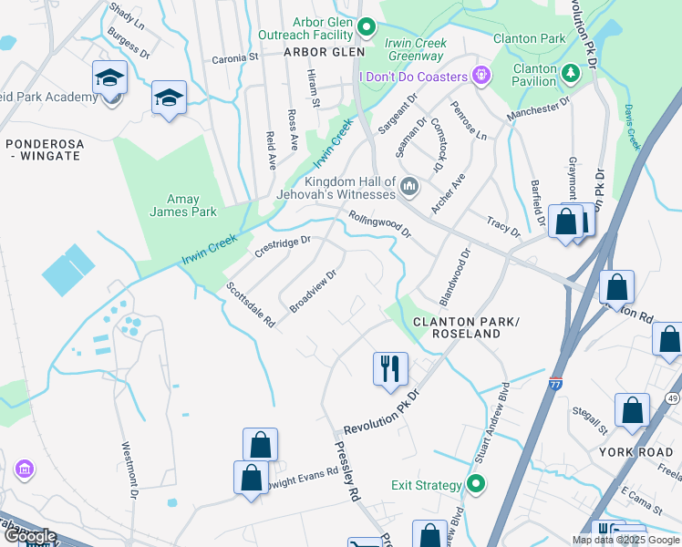 map of restaurants, bars, coffee shops, grocery stores, and more near 3923 Broadview Drive in Charlotte